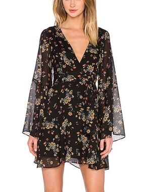 Free People Black Floral Wrap Mini Dress Pink Yellow Size Large